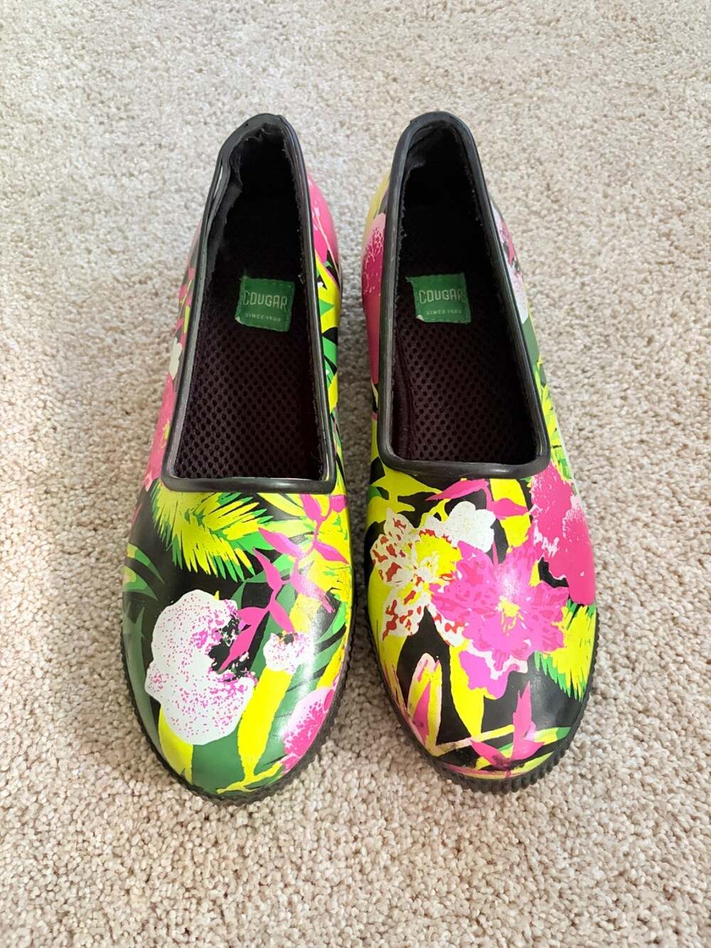Cougar Rain Shoes Womens 7 Tropical Floral Slip On Rubber Garden Neon Pink